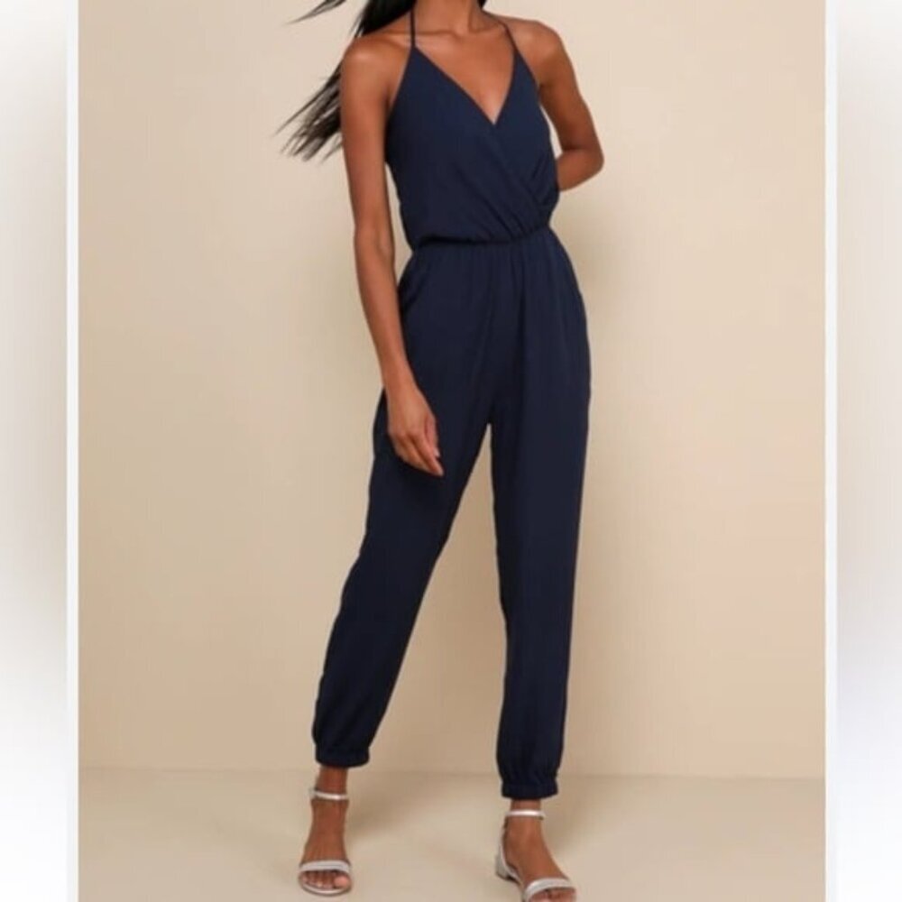 NWT Lulus Navy Blue Learning To Fly Halter Surplice Jumpsuit